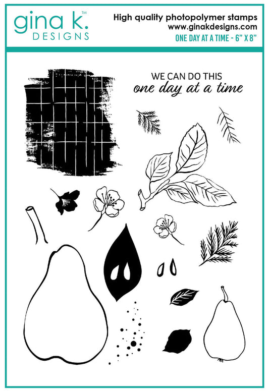 Gina K. Designs - Stamp & Die Set - One Day At A Time. One Day at a Time is a set by Lisa Hetrick. This set is made of premium clear photopolymer and measures 6" X 8".  Available at Embellish Away located in Bowmanville Ontario Canada.