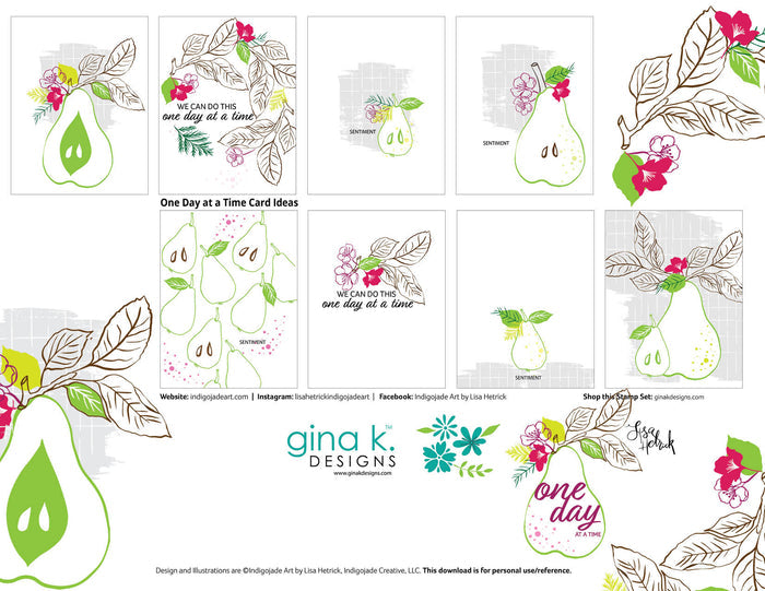 Gina K. Designs - Stamps - One Day At A Time. One Day at a Time is a stamp set by Lisa Hetrick. This set is made of premium clear photopolymer and measures 6" X 8".   Made in the USA  Coordinating die set One Day At A Time sold separately. Available at Embellish Away located in Bowmanville Ontario Canada. lisa Hetrick design board. For Personal use only.