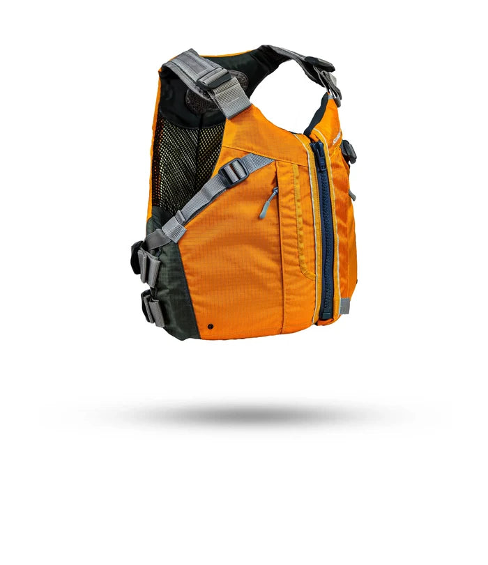 Stohlquist orange kayaking life jacket with adjustable straps and zippered pocket