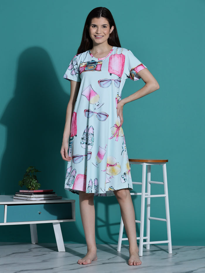 Mint Green Printed Short Cotton Nightdress