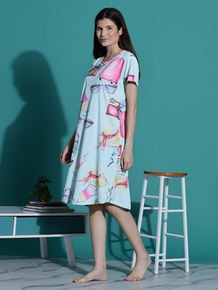 Mint Green Printed Short Cotton Nightdress