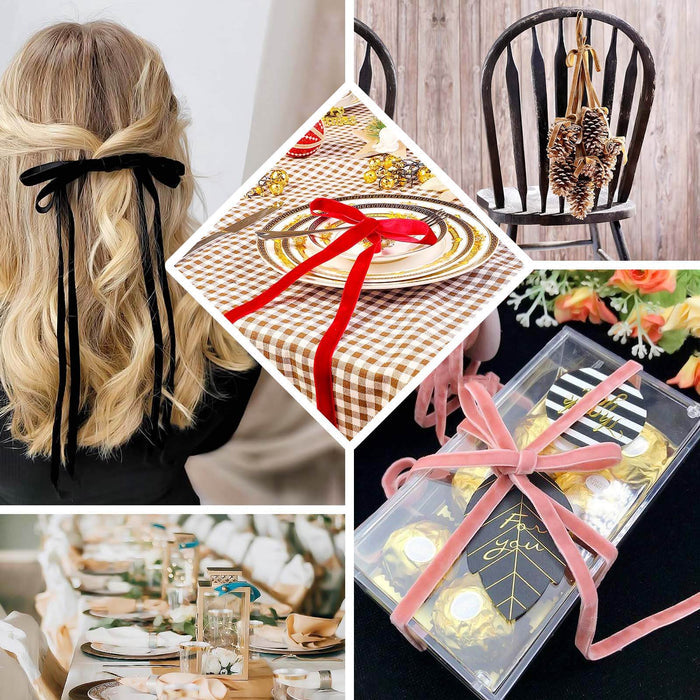 Assorted ribbon styles for gift wrapping and hair accessories.