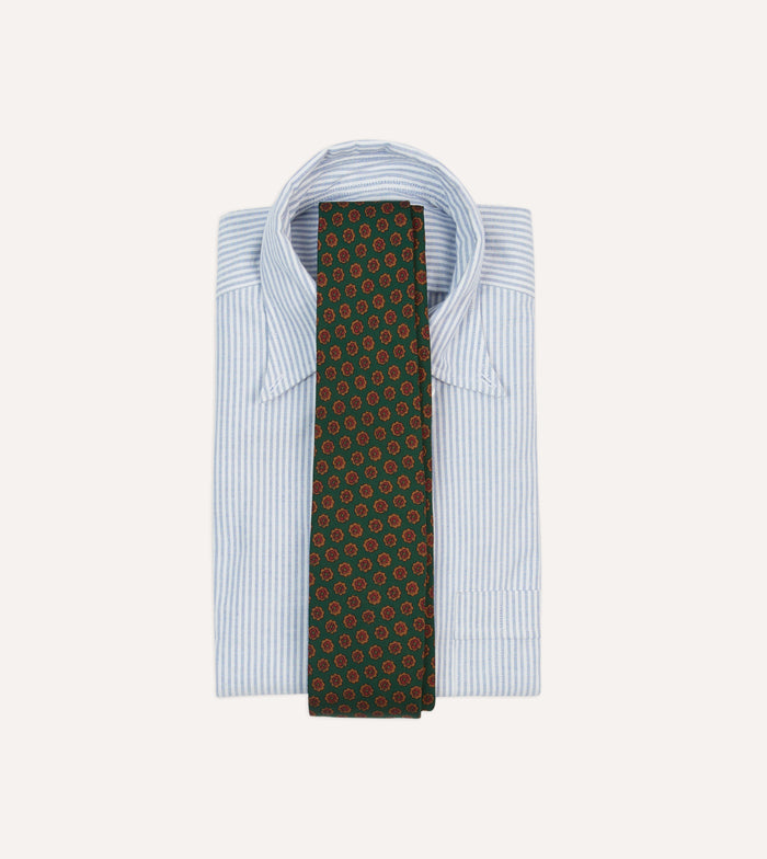 Green Floral Medallion Print Wool-Silk Self Tipped Tie
