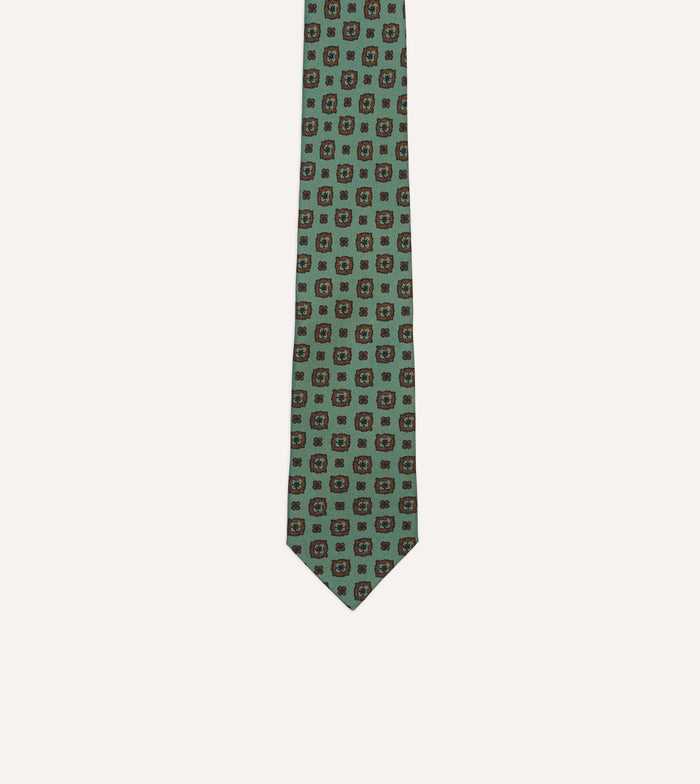 Green Flower Medallion Print Silk Self Tipped Tie