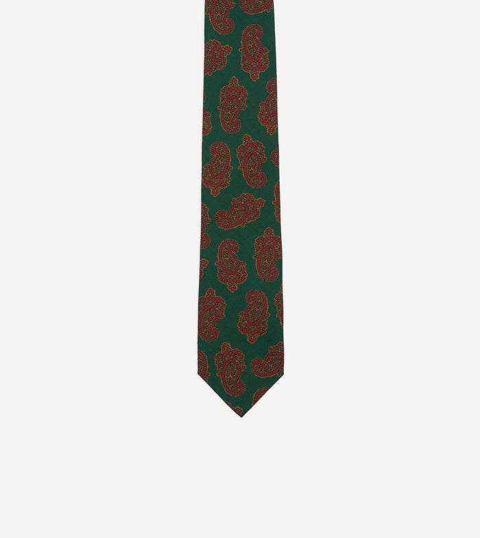Green Paisley Motif Print Wool-Silk Self Tipped Tie