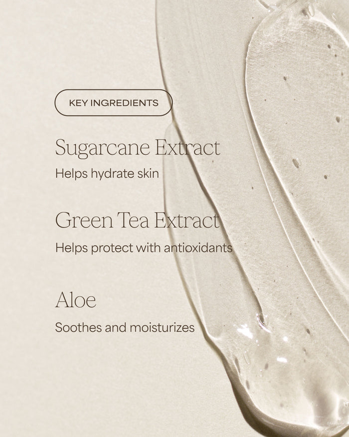 Product with key ingredients listed on a beige background