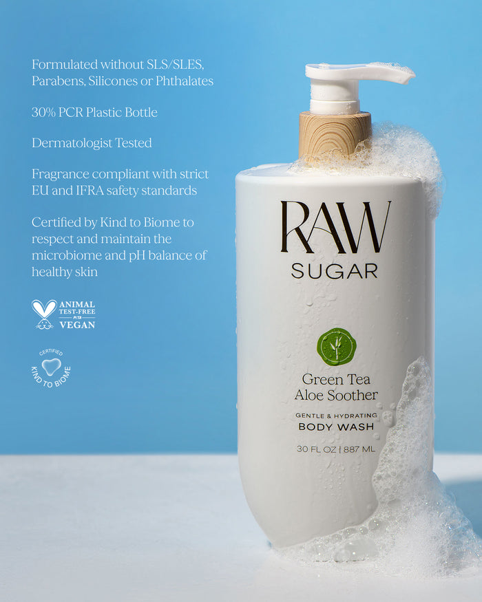 RAW Sugar body wash bottle with text on a blue background