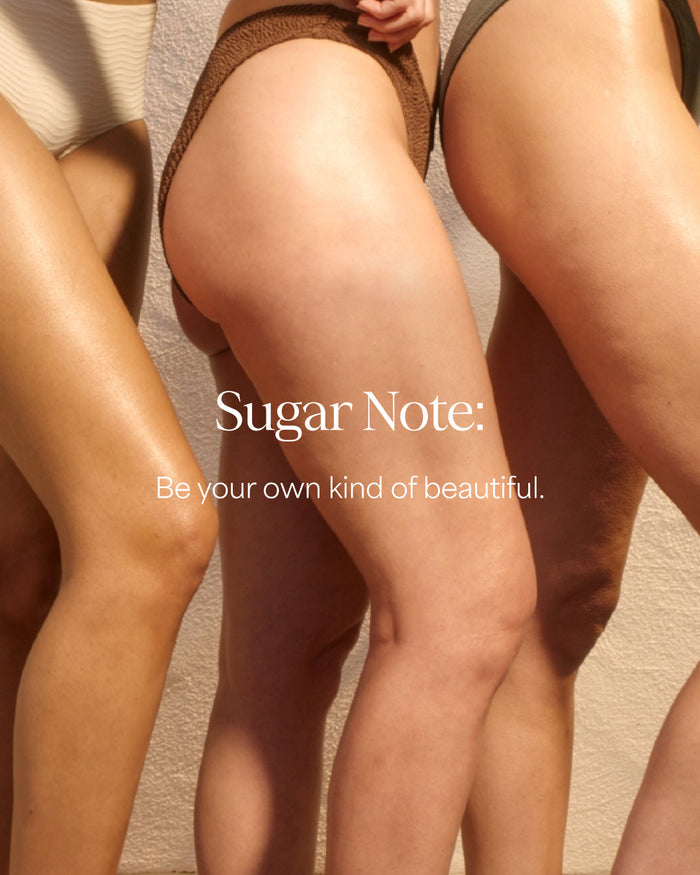 Close-up of legs with a 'Sugar Note' advertisement text overlay.