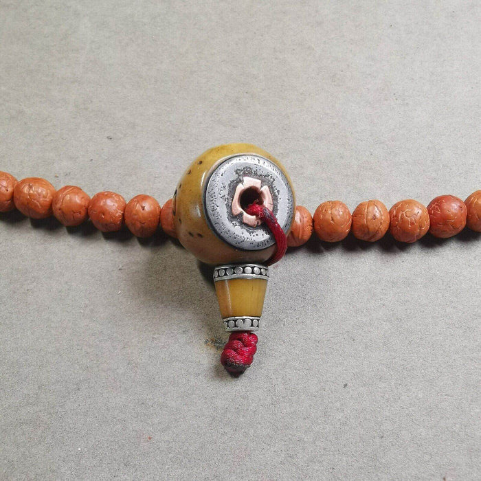 Guru Bead,T-drilled 3-Hole Prayer Bead - Tibetan Buddhist art, close-up detail