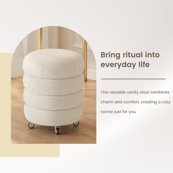 Guyii Modern Upholstered Vanity Stool in Cream White – Wavy Fabric Accent Stool for Bedroom & Living Room