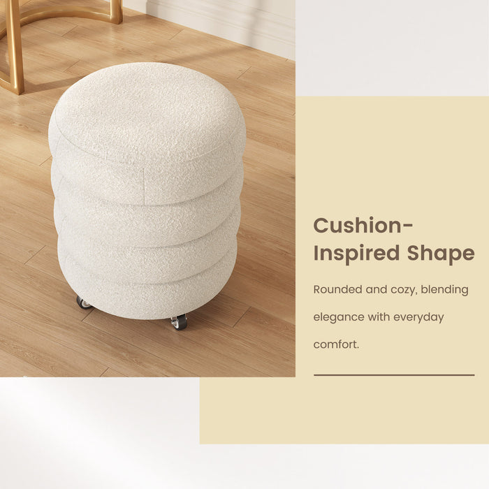 Guyii Modern Upholstered Vanity Stool in Cream White – Wavy Fabric Accent Stool for Bedroom & Living Room