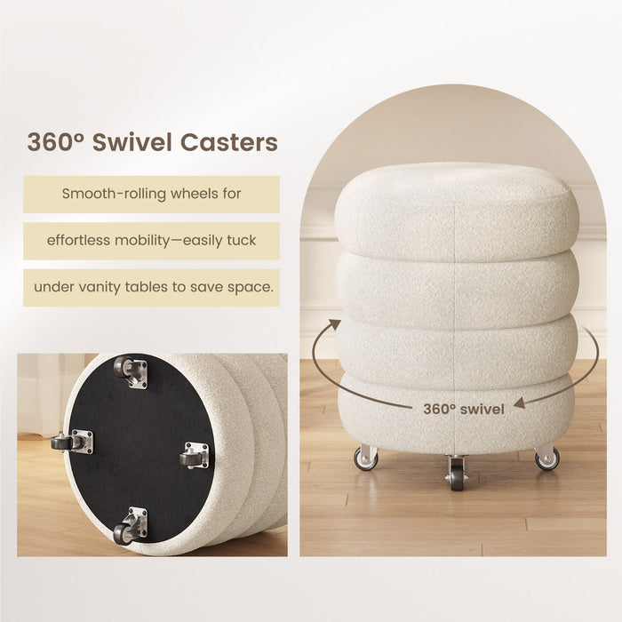 Guyii Modern Upholstered Vanity Stool in Cream White – Wavy Fabric Accent Stool for Bedroom & Living Room