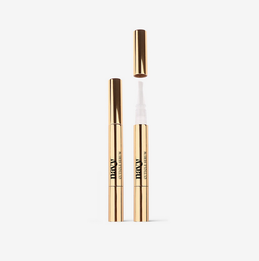A gold pen-style container with a cuticle serum applicator