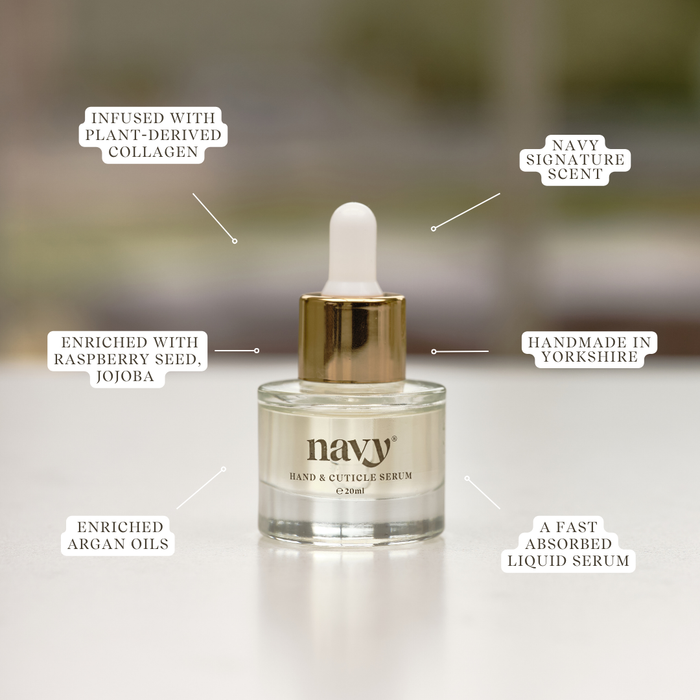 Navy hand and cuticle serum bottle with features highlighted on a blurred background