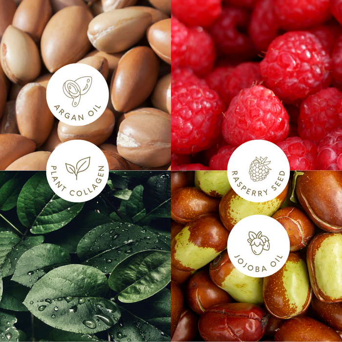 Collage of argan oil, raspberry seed, plant collagen, and jojoba oil with corresponding product names.