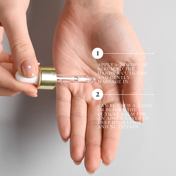 Hand holding a dropper with serum over another hand, on a neutral background