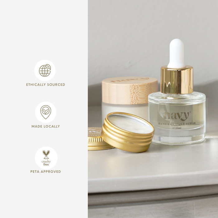 Hand Cuticle-Serum Navy including a dropper bottle and jars on a light surface with 'Navy' branding.