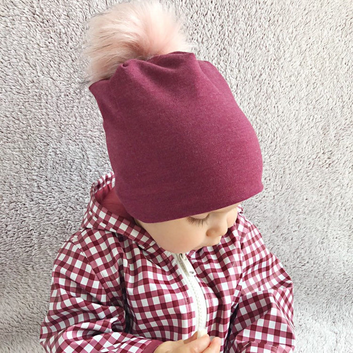 Heather Burgundy Faux Fur Pom Pom Hat