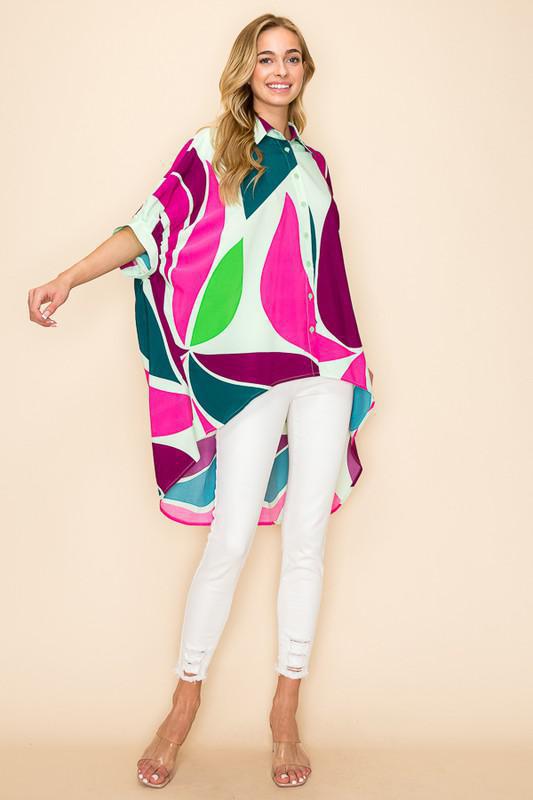 High Low Button Down Printed Top