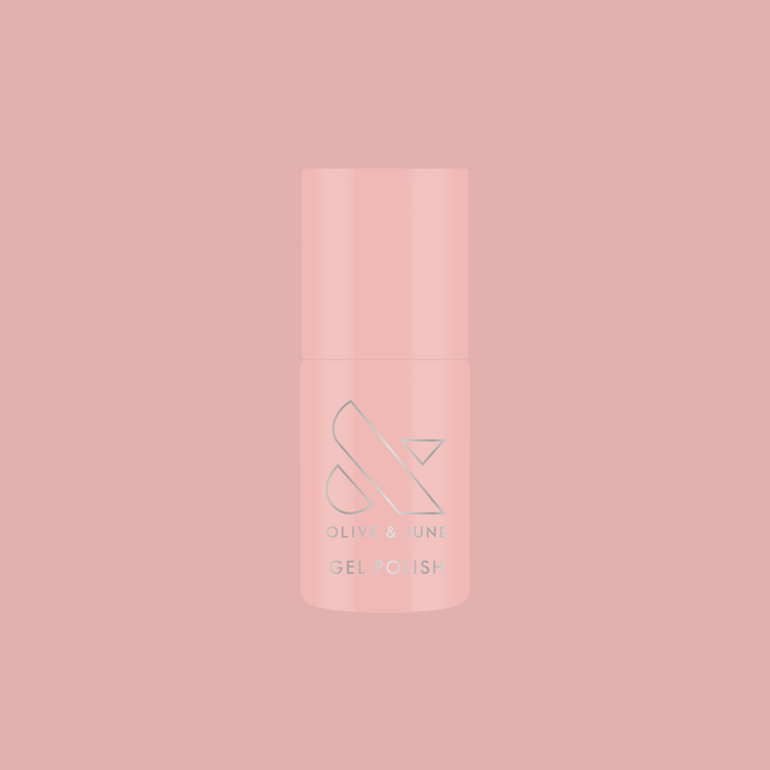 HZ - Gel bottle in soft rosy neutral shade with Olive and June logo on muted pink background for mani polish