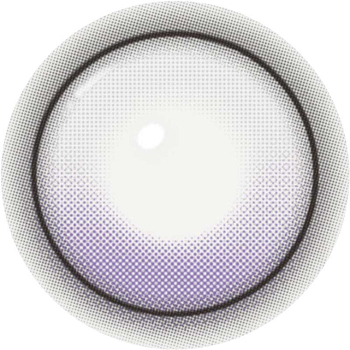 A close-up view of the i-Girl One Pick Balance Lavender Mist Purple lens by i-Girl, featuring a round shape, faint purple tint, dotted pattern, dark outer ring, and white center for natural blending.