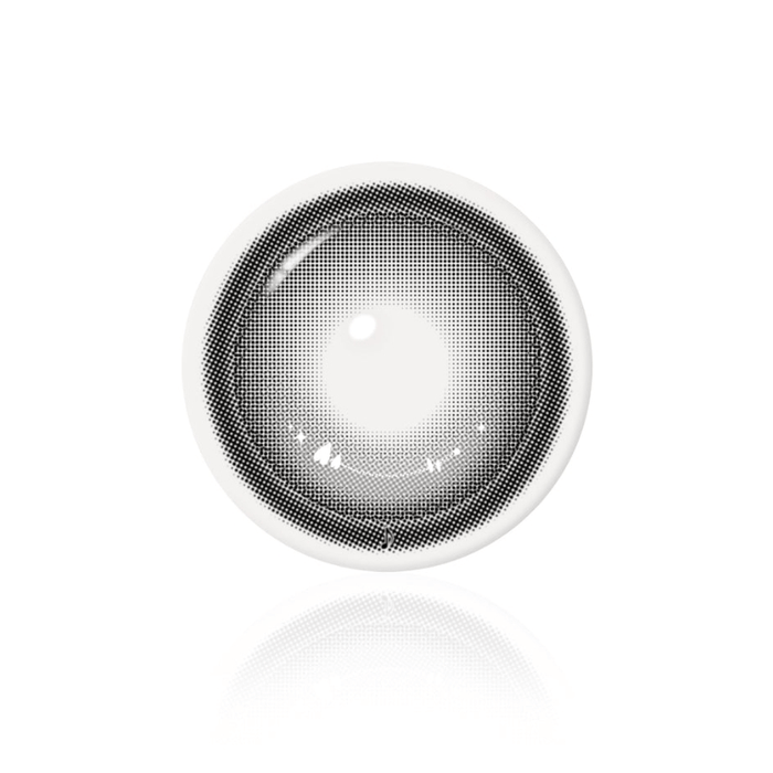 Close-up of i-Girl One Pick Dear One Grey contact lens design, showing cool grey iris pattern with natural highlights and realistic dimensional details, available at EyeCandys