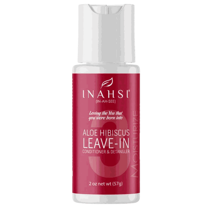Inahsi Aloe Hibiscus Leave-in Conditioner & Detangler bottle with key natural ingredients and application details