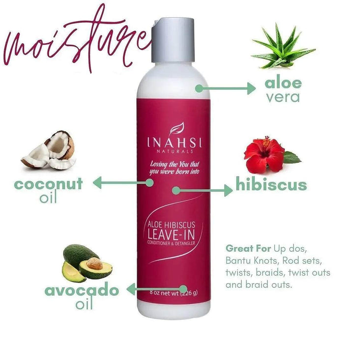 Inahsi Aloe Hibiscus Leave-in Conditioner with aloe vera, coconut oil, hibiscus, and avocado oil for moisturizing and detangling hair.