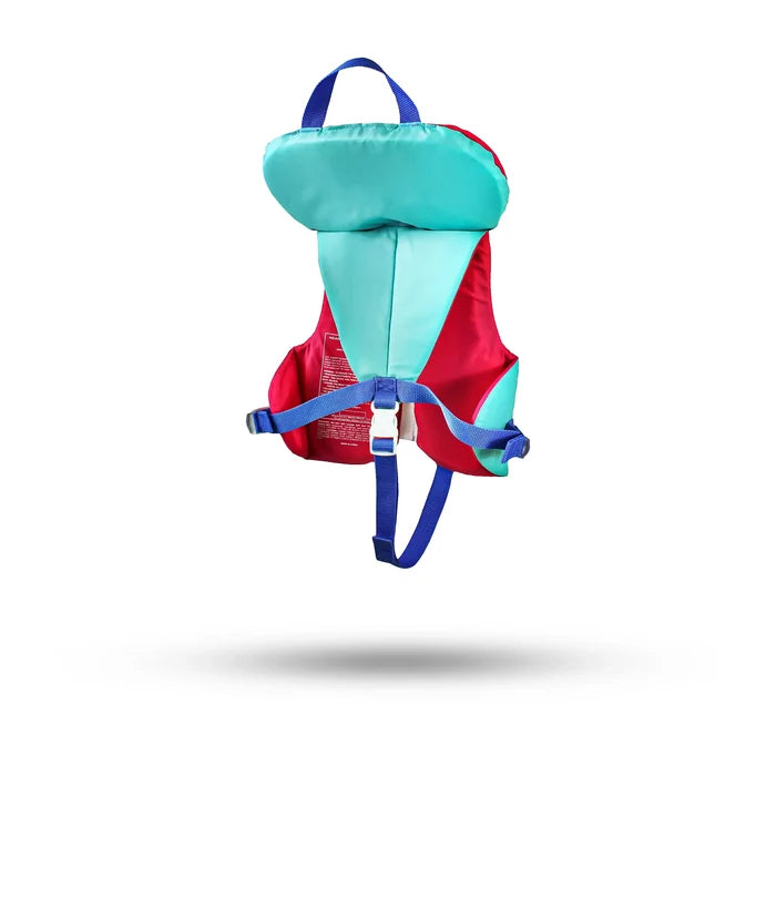 Stohlquist infant aqua pink life jacket with safety straps and head support on white background
