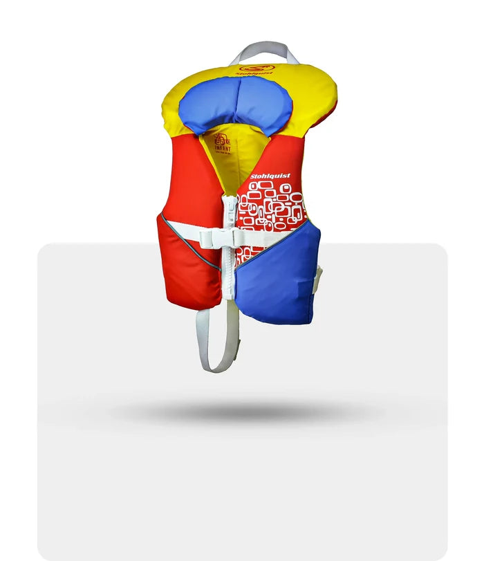 Stohlquist infant life jacket in yellow, orange, blue, and red with safety straps, product display