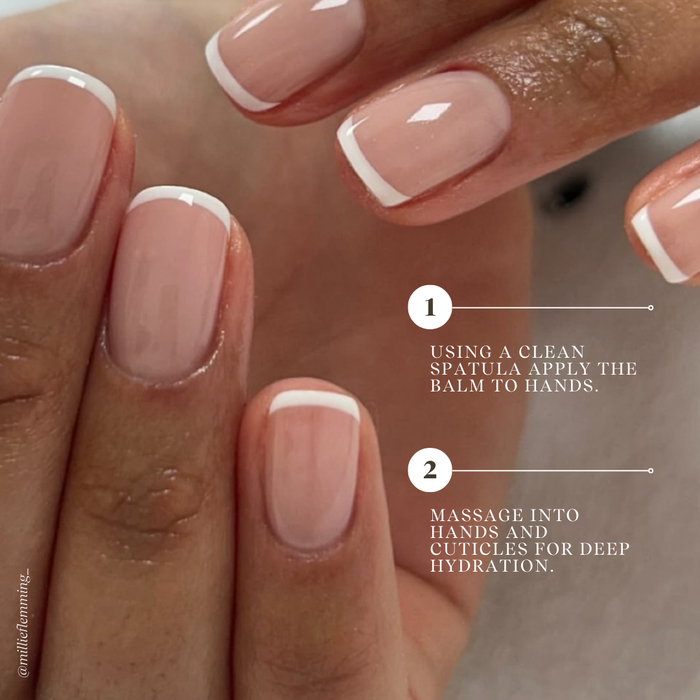 manicured nail and hand shot with instructions how to use the hand balm