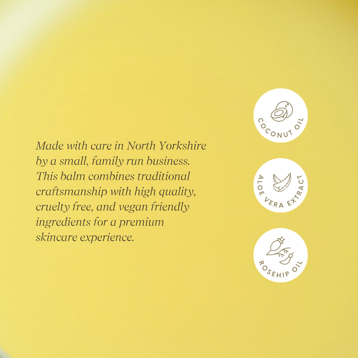 Navy Hand Balm with icons for coconut oil, aloe vera extract, and rosehip oil.