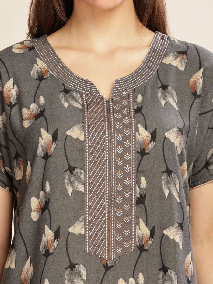 Iron Grey Floral Nightdress For Women with Pocket