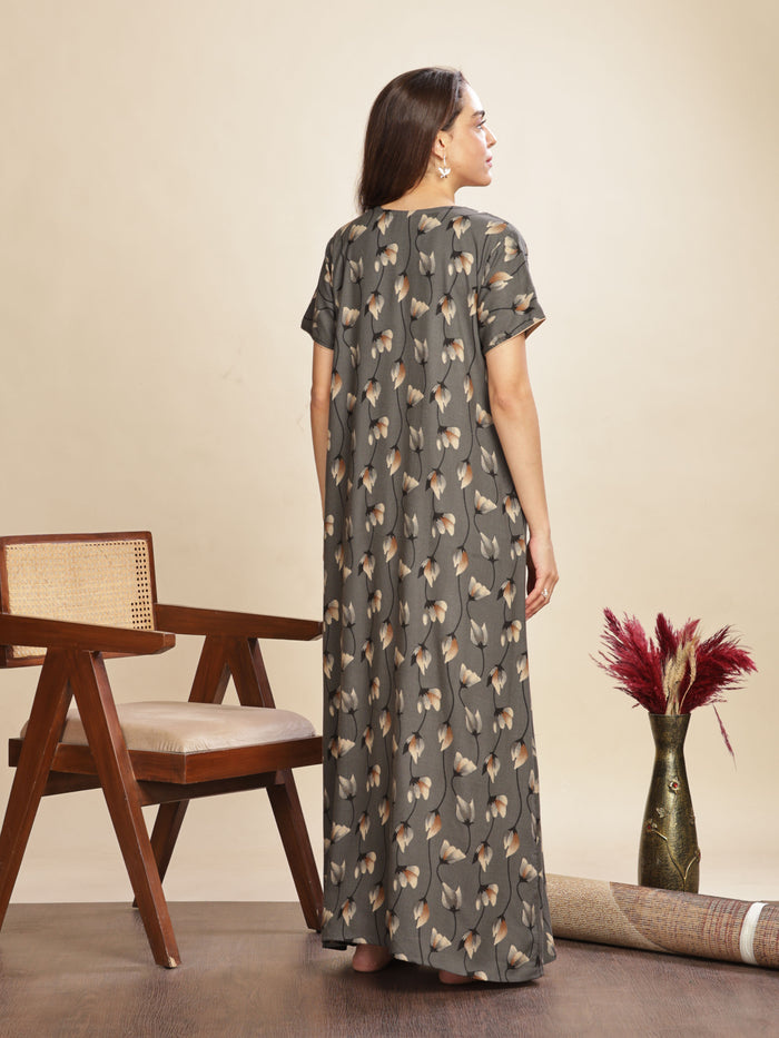 Iron Grey Floral Nightdress For Women with Pocket