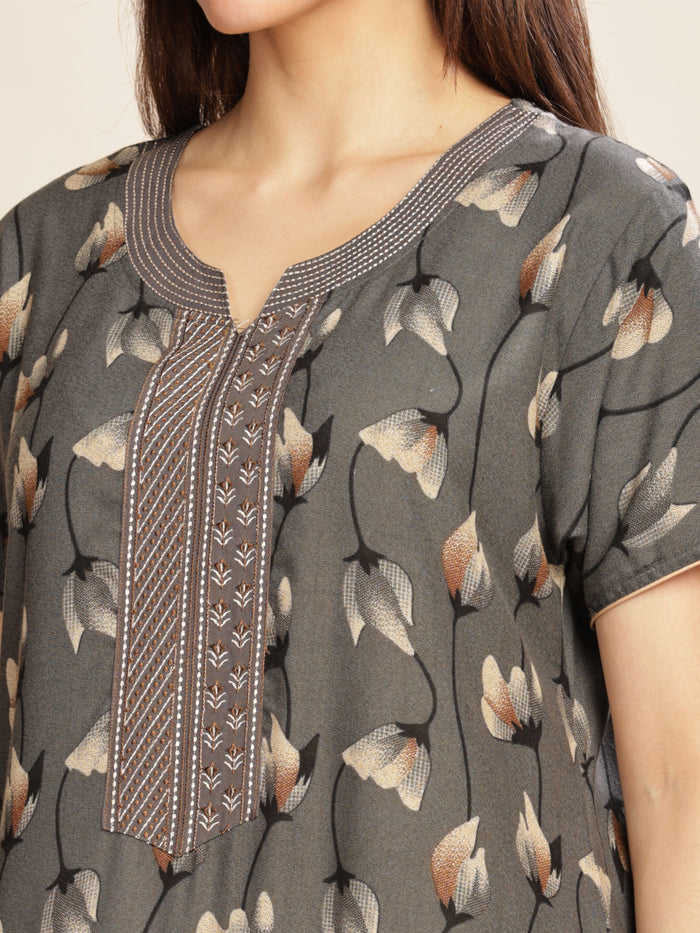 Iron Grey Floral Nightdress For Women with Pocket