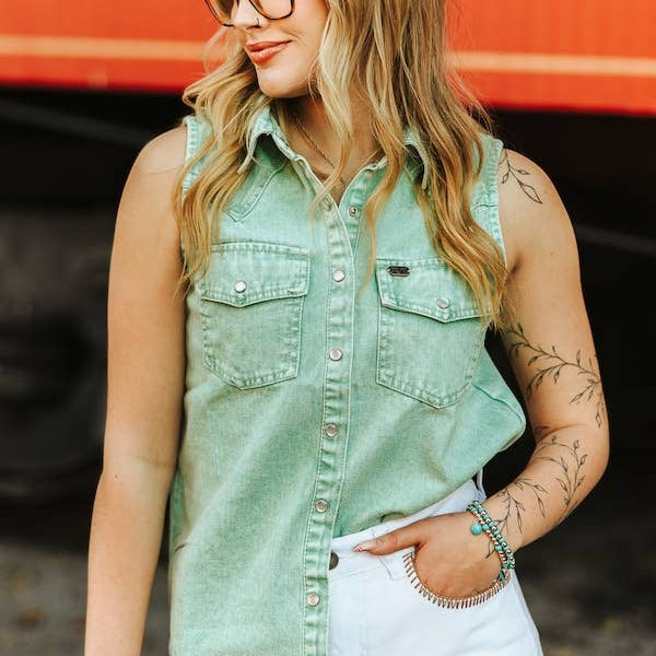 Jade Denim Mineral Wash Sleeveless Pearl Snap Top