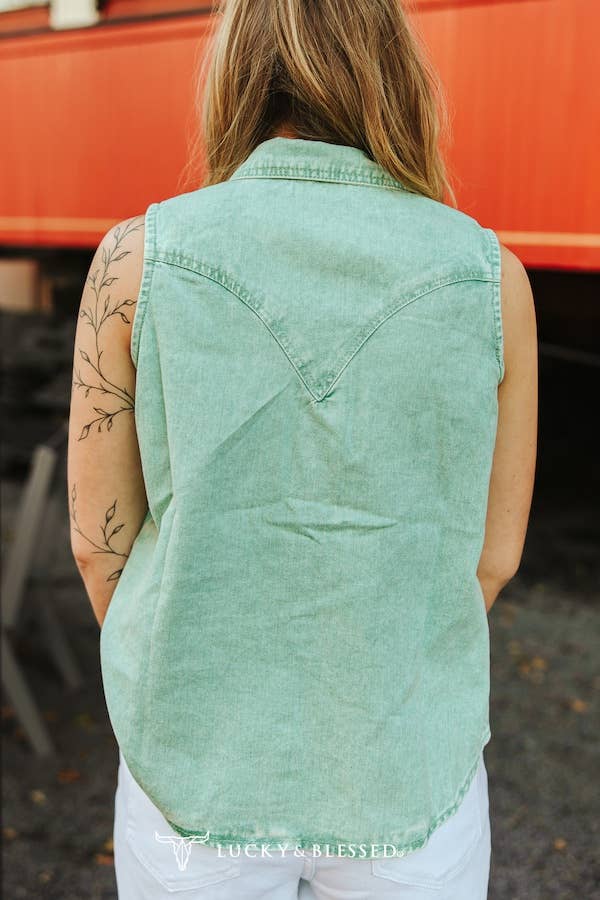 Jade Denim Mineral Wash Sleeveless Pearl Snap Top