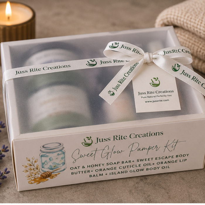 Juss Rite Creations Sweet Glow Pamper Kit with body butter and soap bar in a box.