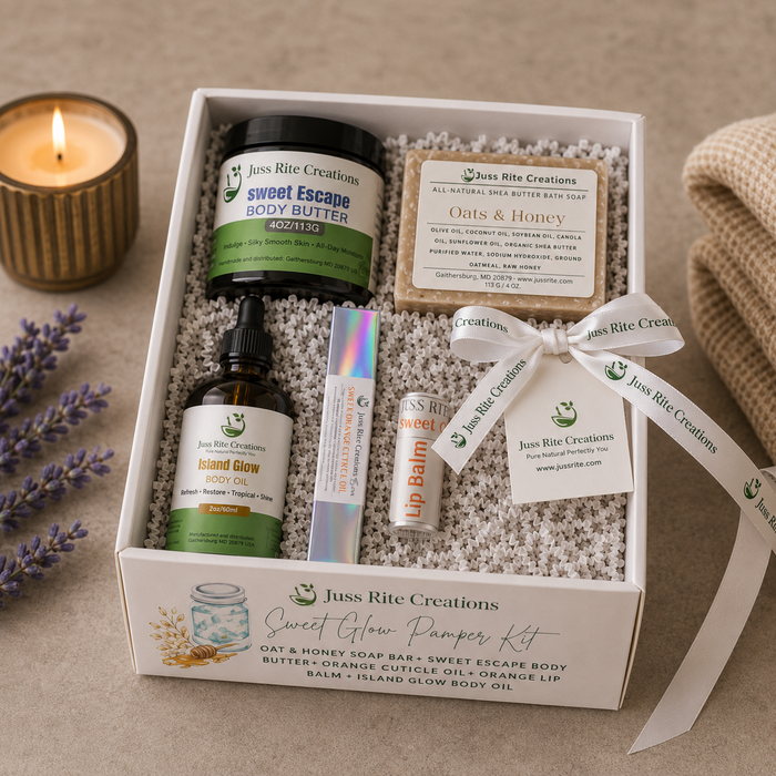 Kit showing Juss Rite Creations products, body oil, butter, soap bar, lip balm and cuticle oi.
