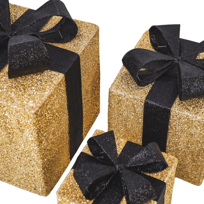Kerst Led Lamp - Cadeau Set van 3 - Kunststof - Goud/Zwart - 15cm/20cm/25cm