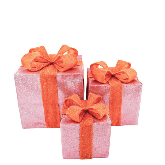 Kerst Led Lamp - Cadeau Set van 3 - Kunststof - Oranje/Roze - 15cm/20cm/25cm