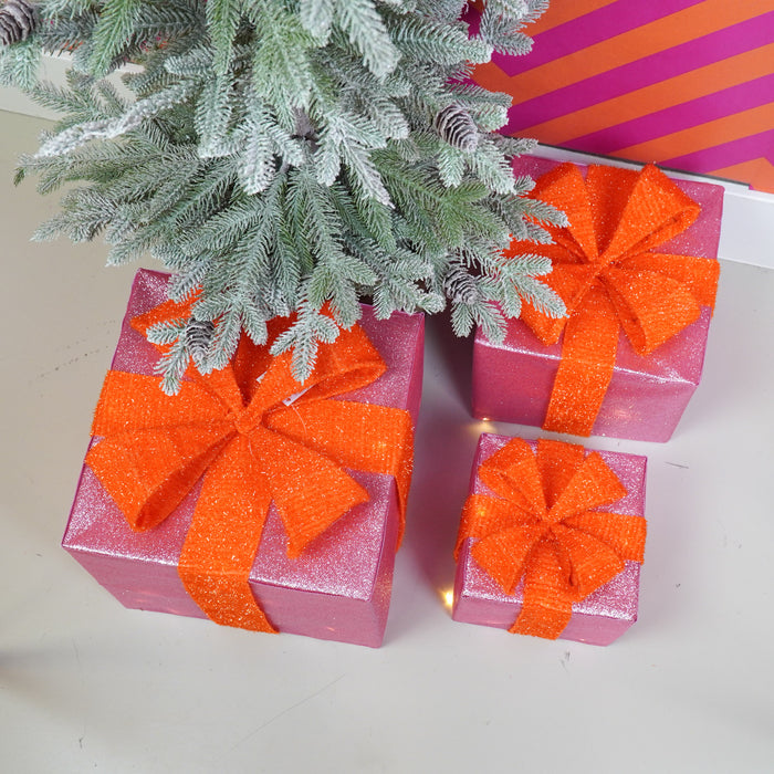 Kerst Led Lamp - Cadeau Set van 3 - Kunststof - Oranje/Roze - 15cm/20cm/25cm