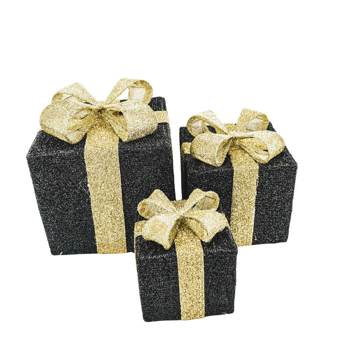 Kerst Led Lamp - Cadeau Set van 3 - Kunststof - Zwart/Goud- 15cm/20cm/25cm