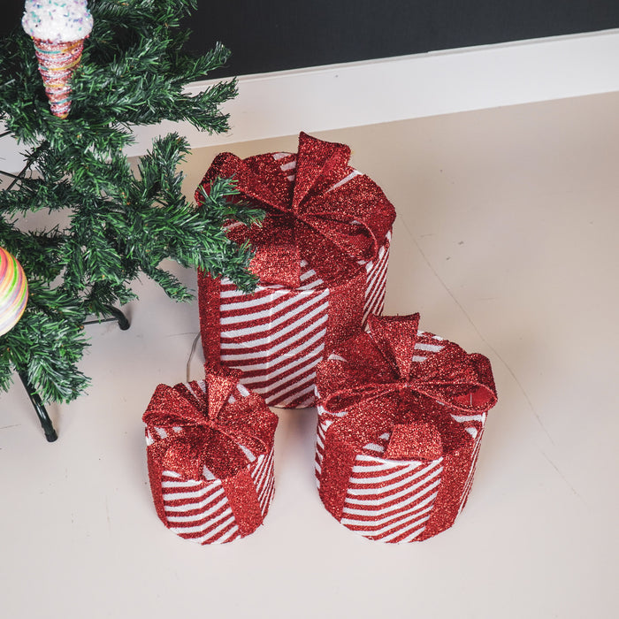 Kerst Led Lamp - Rond - Cadeau Set van 3 - Kunststof - Wit/Rood - 15cm/20cm/25cm