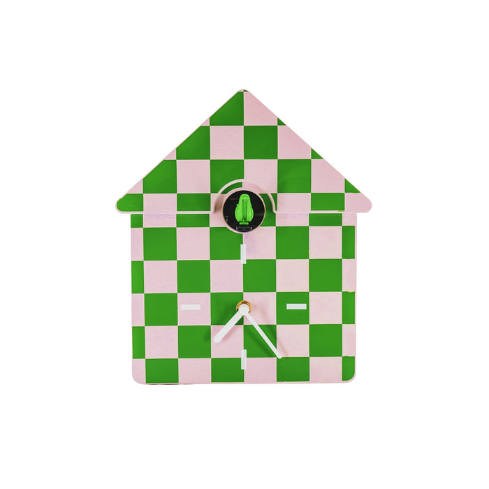 Klok- Wandklok Koekoeksklok - Geblokt Patroon- Groen/Roze - 24x27x9cm