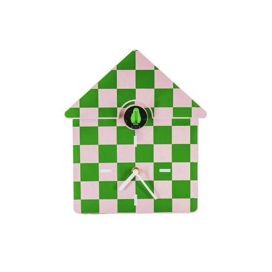 Klok- Wandklok Koekoeksklok - Geblokt Patroon- Groen/Roze - 24x27x9cm