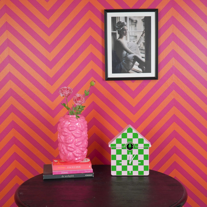 Klok- Wandklok Koekoeksklok - Geblokt Patroon- Groen/Roze - 24x27x9cm