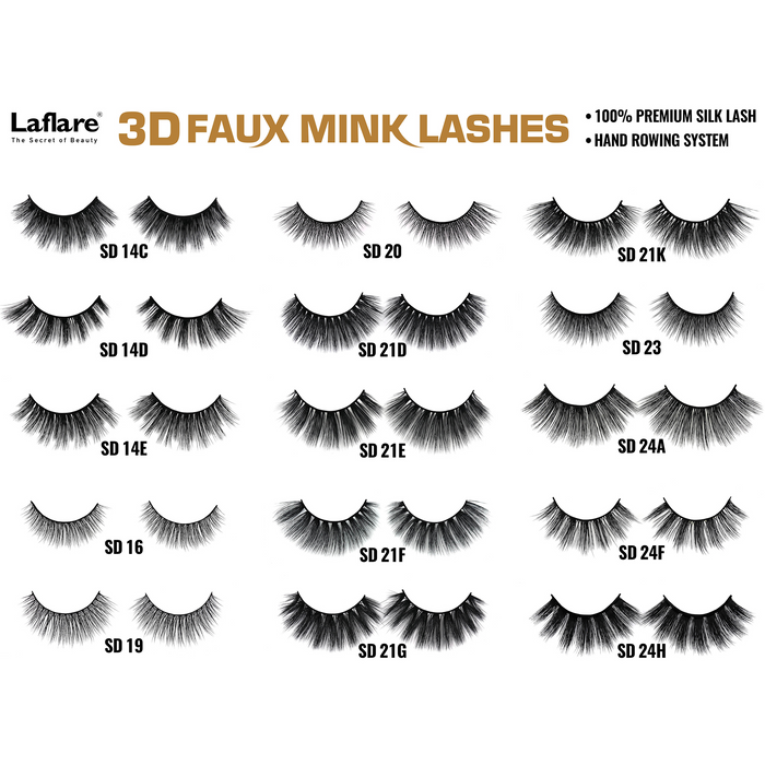 LAFLARE 3D faux mink lashes display showing multiple labeled lash styles SD14C to SD24H on white background
