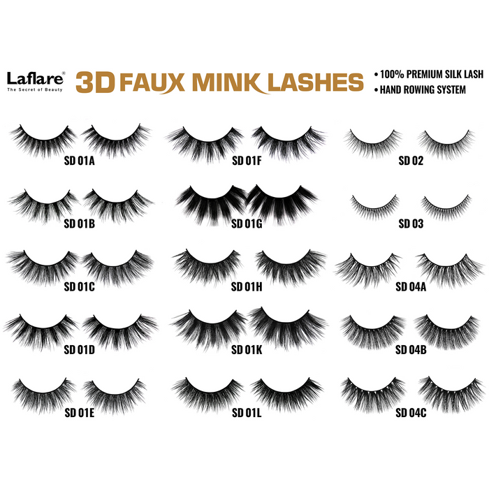 LAFLARE 3D faux mink lashes assortment showing multiple styles and labeled SD codes like SD01A SD04C