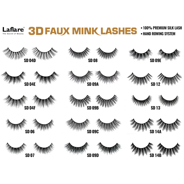 LAFLARE 3D faux mink lashes display sheet showing multiple labeled eyelash styles with varying lengths and volume